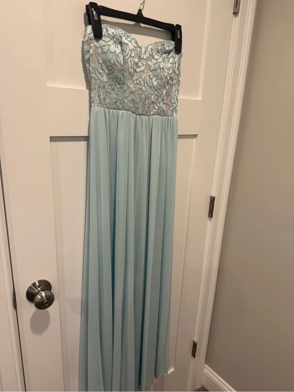 Speechless Strapless Lace & Chiffon Gown in Dust Blue